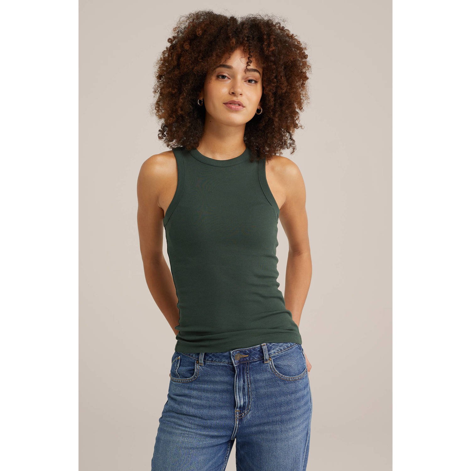 WE Fashion haltertop donkergroen rib gebreid