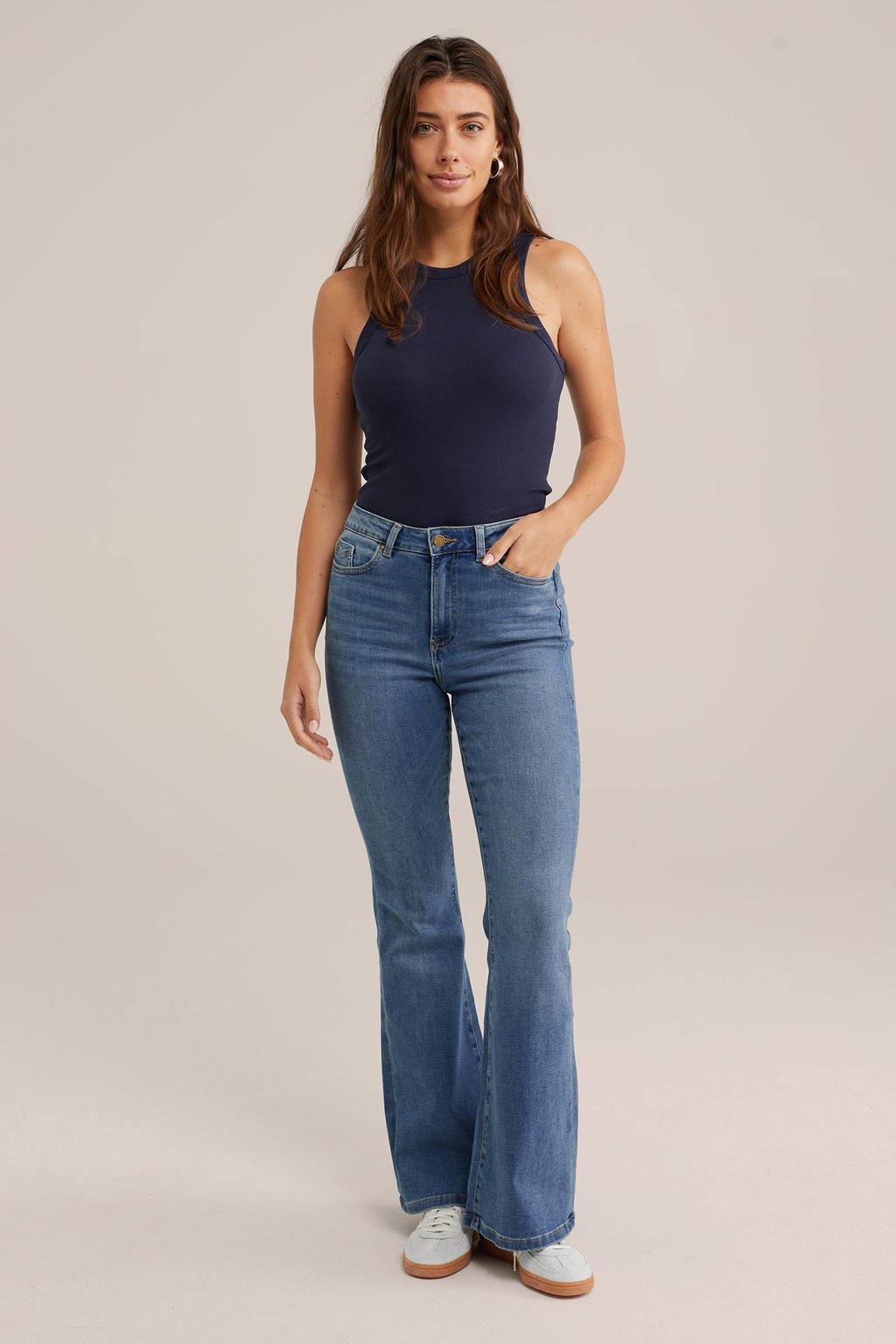 Donkerblauwe dames WE Fashion ribgebreide haltertop van stretchkatoen met effen en ronde hals