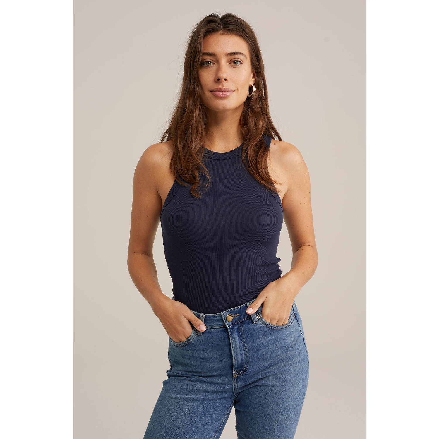 WE Fashion haltertop rib gebreid donkerblauw