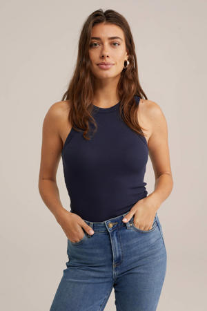 haltertop rib gebreid donkerblauw