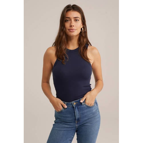 WE Fashion haltertop rib gebreid donkerblauw afbeelding