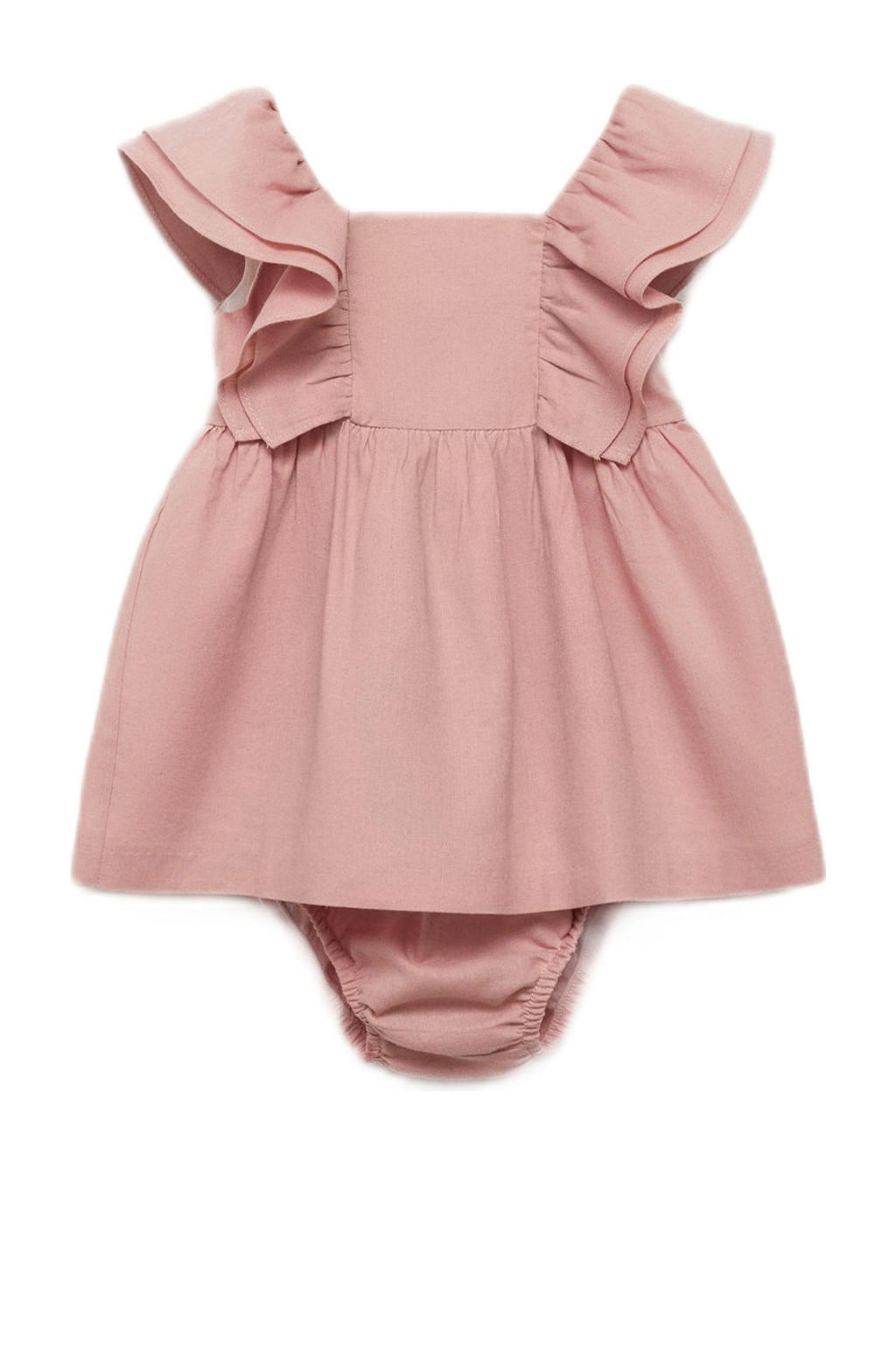 Roze meisjes Mango Kids linnen newborn baby jurk met effen, vierkante hals, knoopsluiting en volant