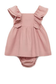 thumbnail: Roze meisjes Mango Kids linnen newborn baby jurk met effen, vierkante hals, knoopsluiting en volant