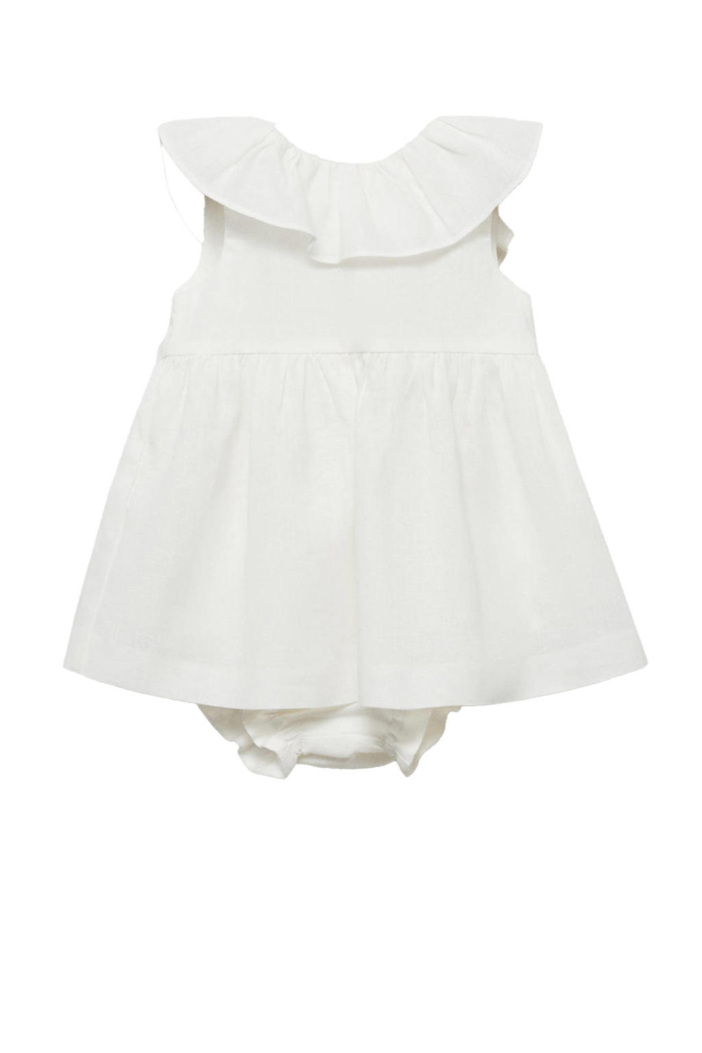Witte meisjes Mango Kids korte romperjurk van linnen met effen, peter pan-kraag, knoopsluiting en ruches