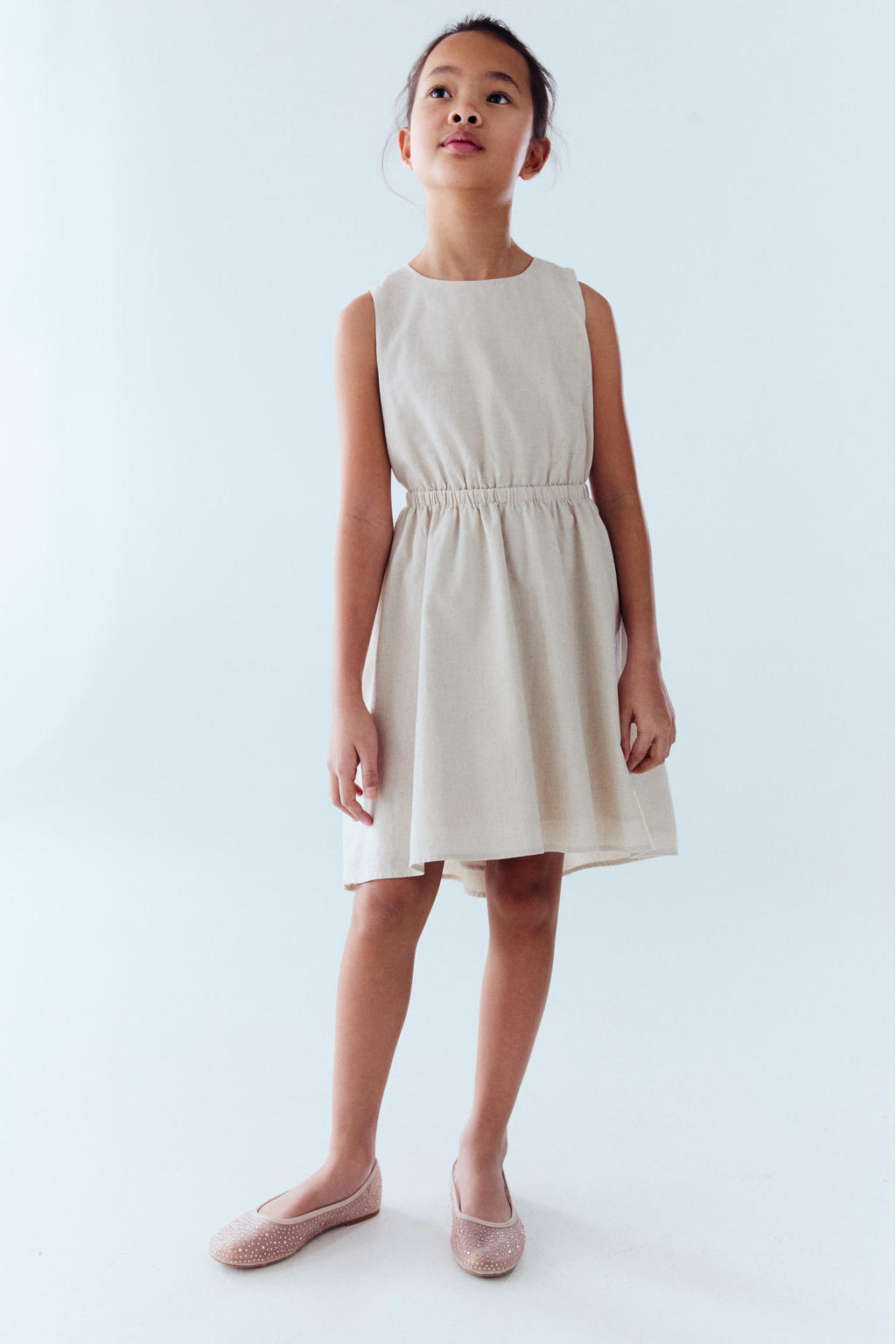 Beige meisjes Mango Kids zomerjurk van linnen met effen, ronde hals en knoopsluiting