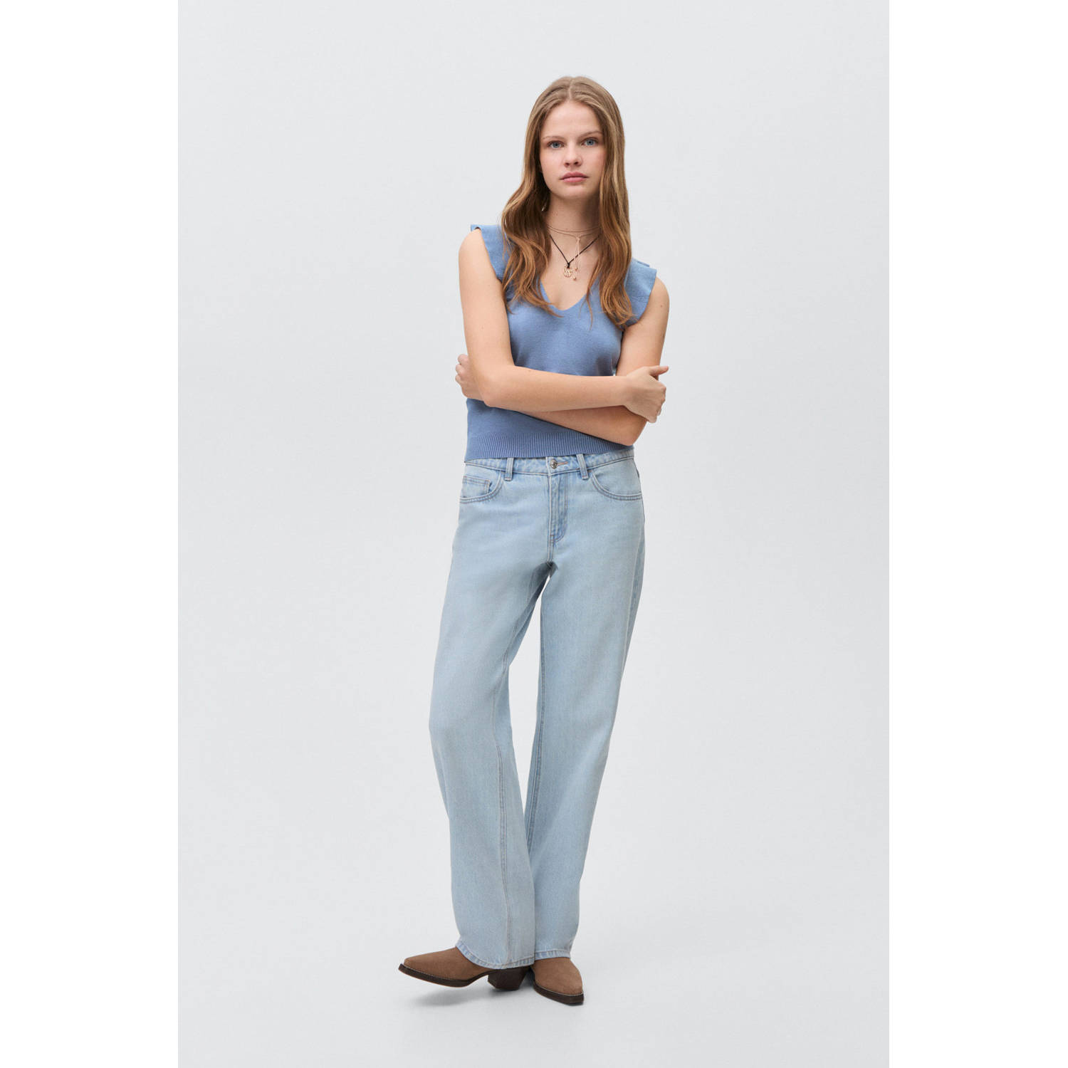 MANGO TEEN mouwloze top lichtblauw fijn gebreid