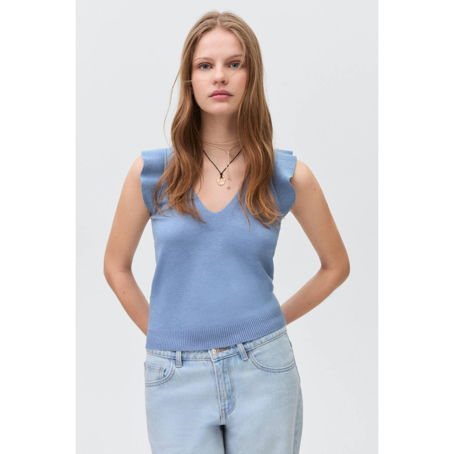 MANGO TEEN mouwloze top lichtblauw fijn gebreid