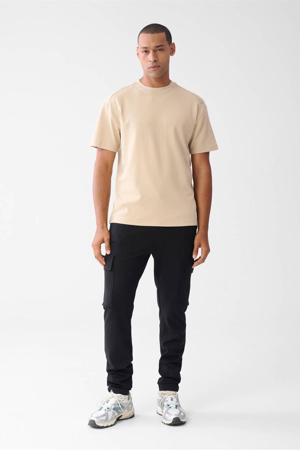 Beige heren Shoeby T-shirt van katoen met effen, korte mouwen en ronde hals