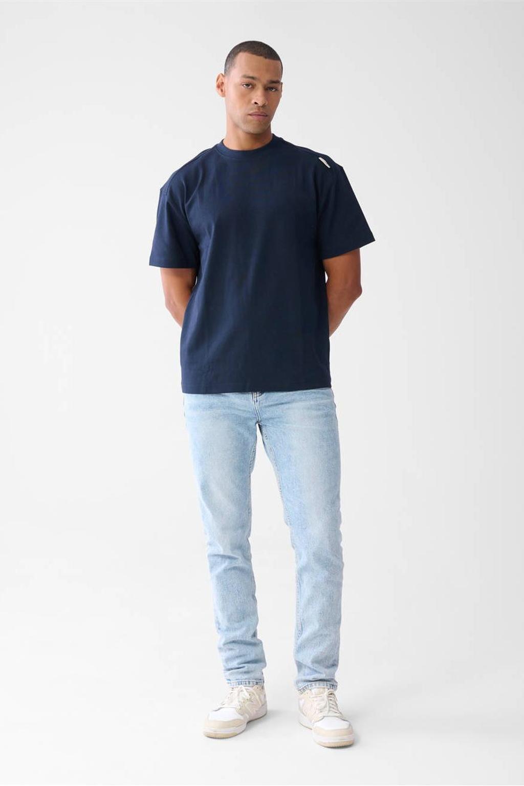 Donkerblauwe heren Shoeby T-shirt van katoen met effen, korte mouwen en ronde hals
