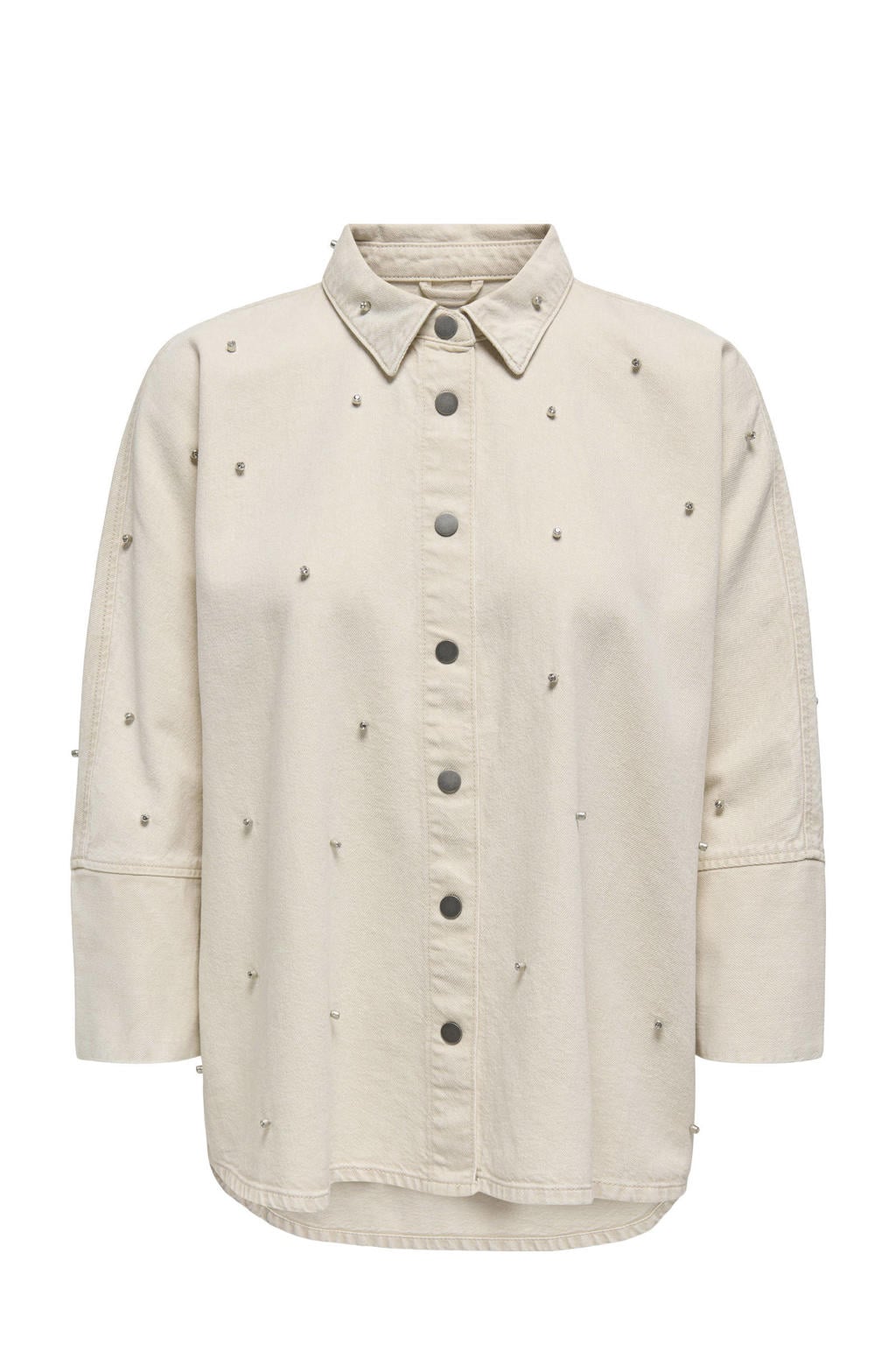 Ecru dames ONLY blouse van katoen met effen, driekwart mouwen, klassieke kraag, knoopsluiting en parels