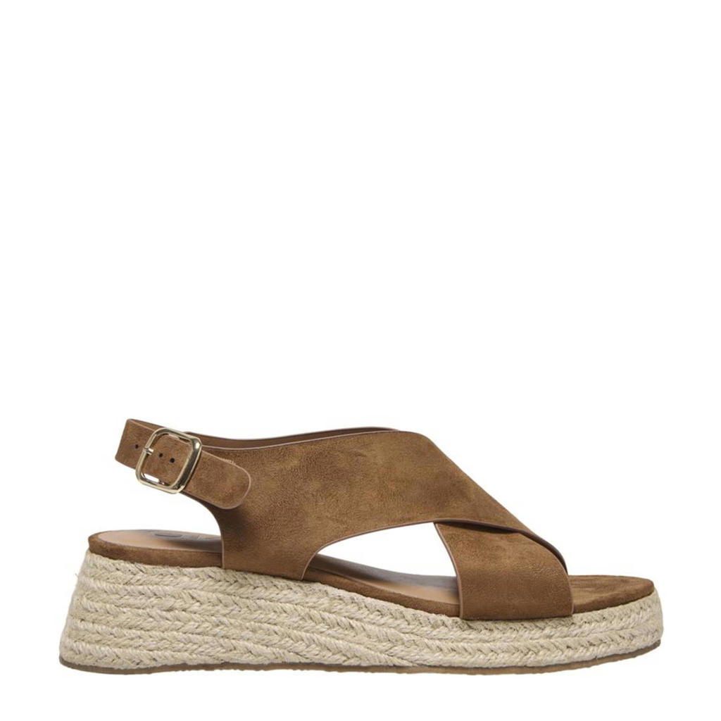Cognackleurige dames ONLY Onlminerva-2 Mf Cross Strap Wedge sandalen van imitatiesuède met sleehak, gesp en effen