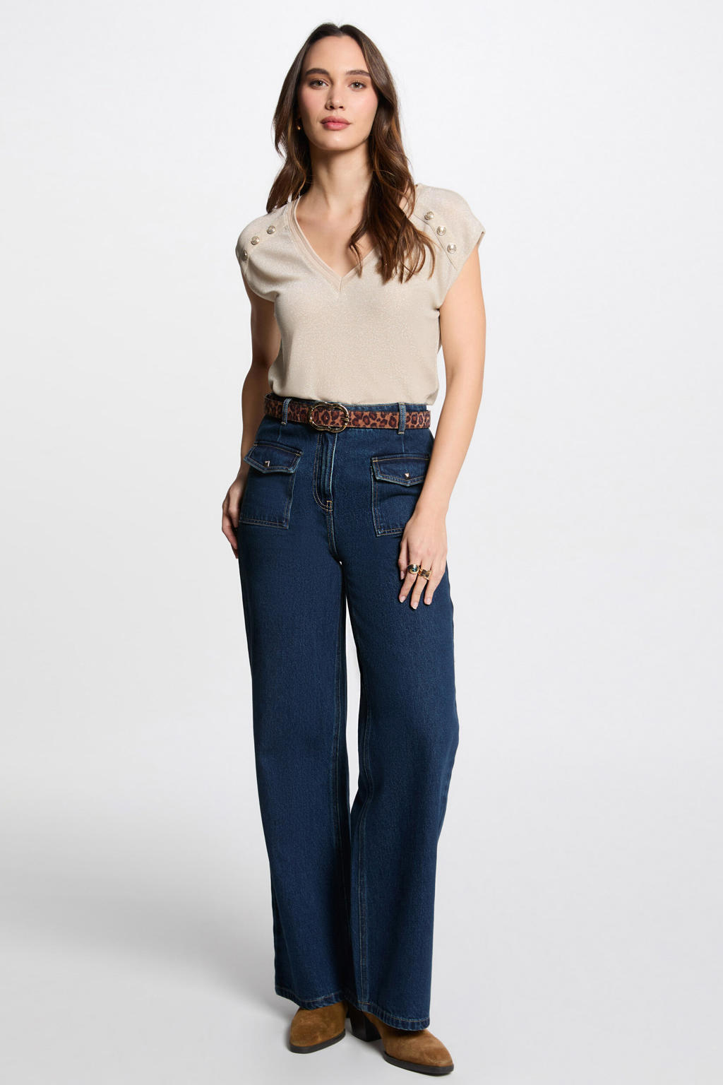 Beige dames Morgan top van polyamide met effen, korte mouwen, V-hals en lurex