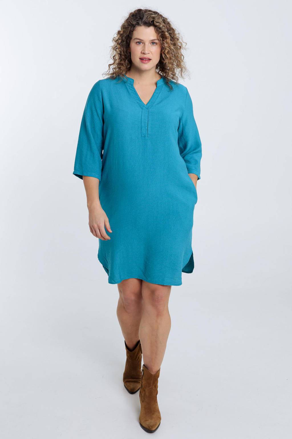Blauwe dames Paprika A-lijn jurk van viscose met effen, korte mouwen, V-hals en split