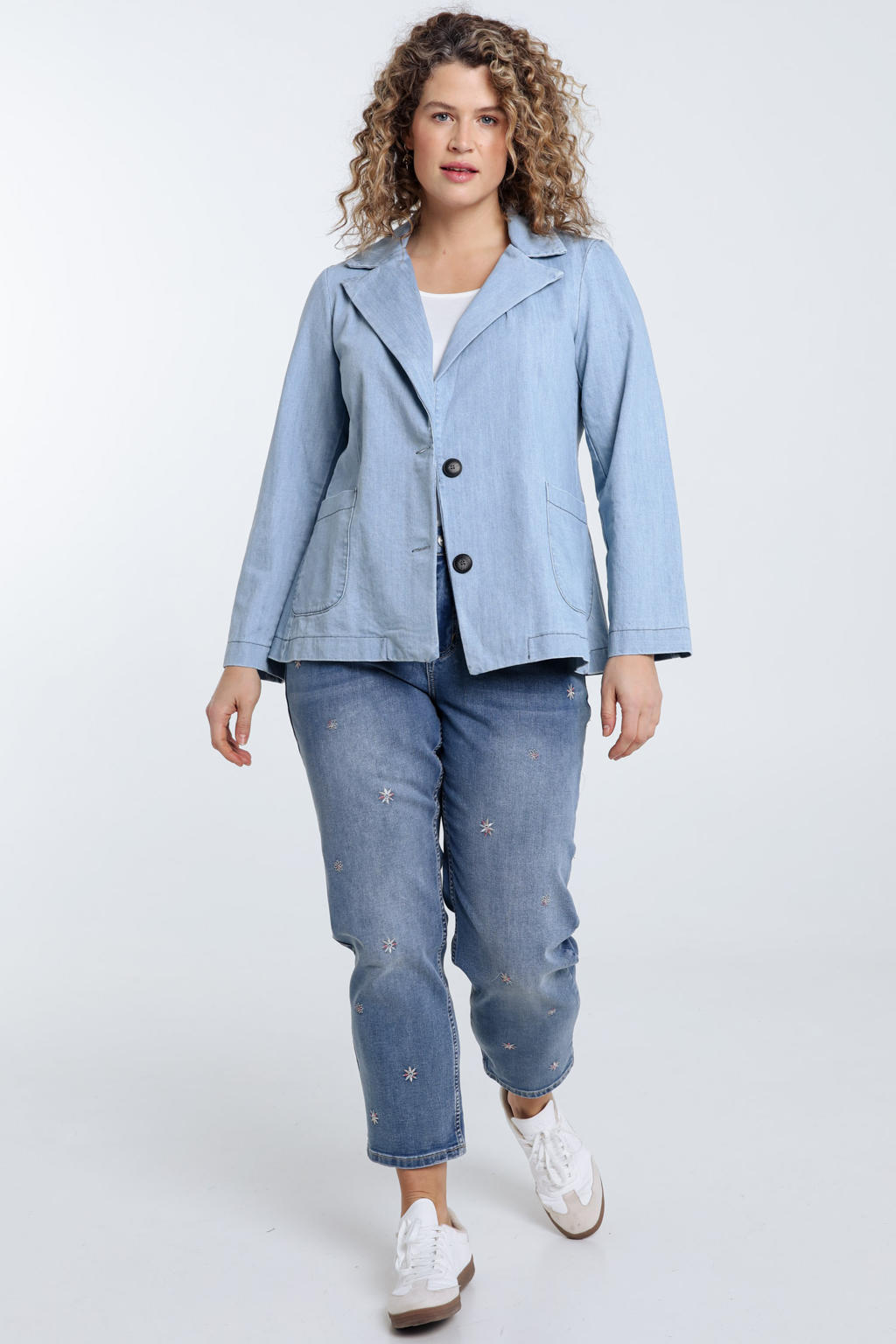 Light blue denim dames Paprika regular blazer met effen, lange mouwen, reverskraag en knoopsluiting