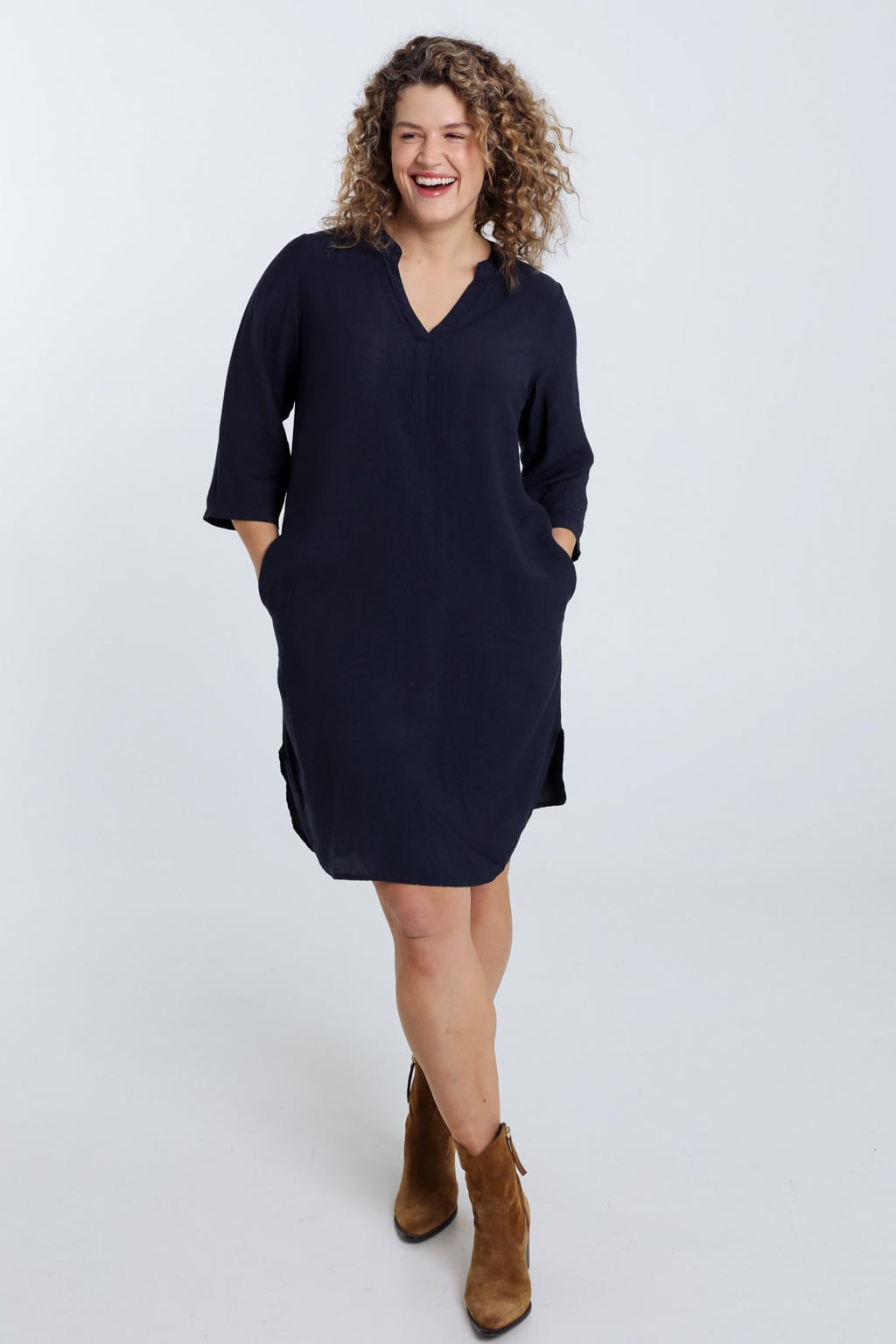 Marineblauwe dames Paprika A-lijn jurk van viscose met effen, korte mouwen, V-hals en split