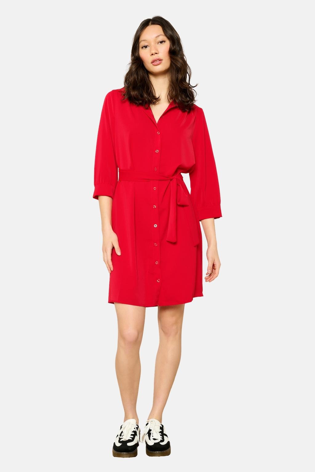 Rode dames LOLALIZA blousejurk van polyester met effen, driekwart mouwen, klassieke kraag, knoopsluiting en ceintuur