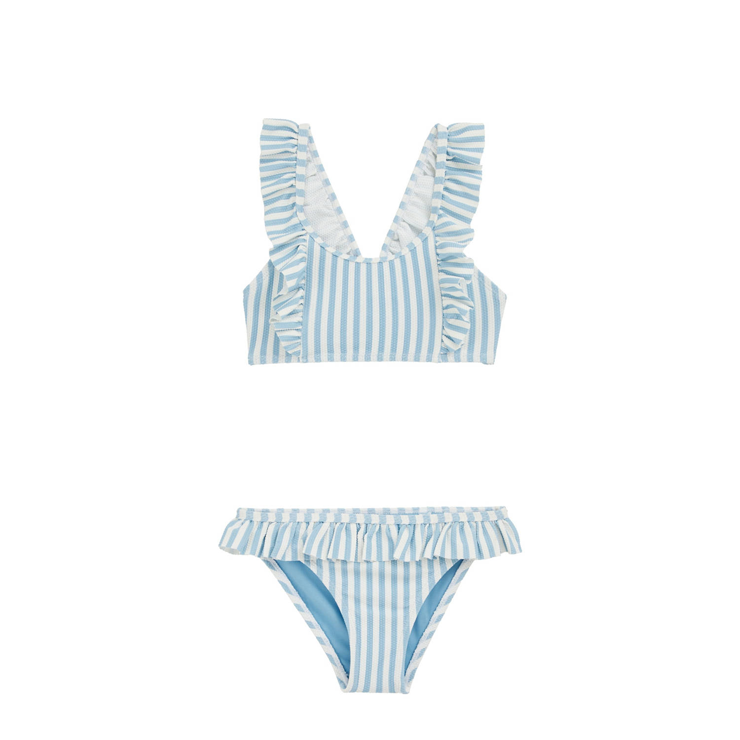 WE Fashion bikini met ruches lichtblauw wit
