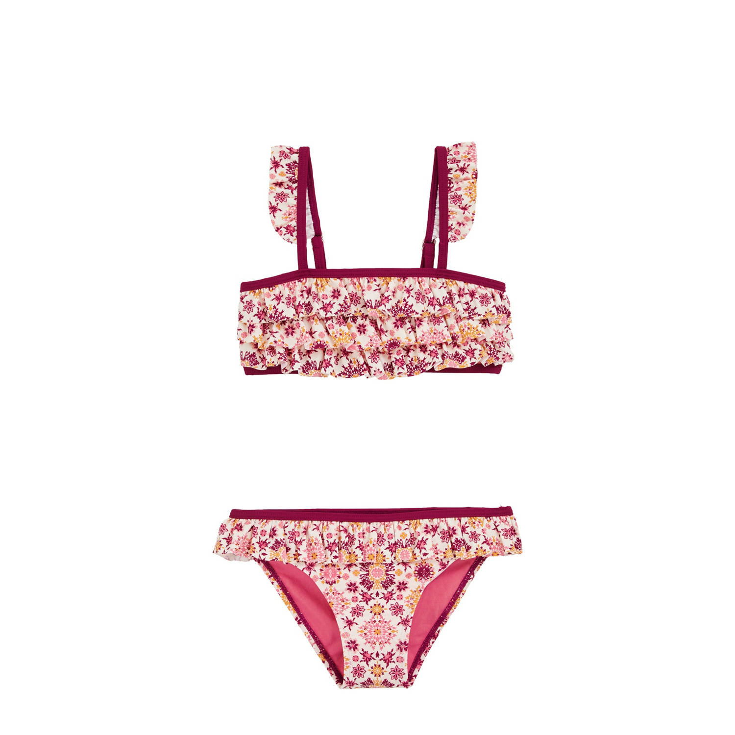 WE Fashion bikini met ruches wit bordeaux rood geel