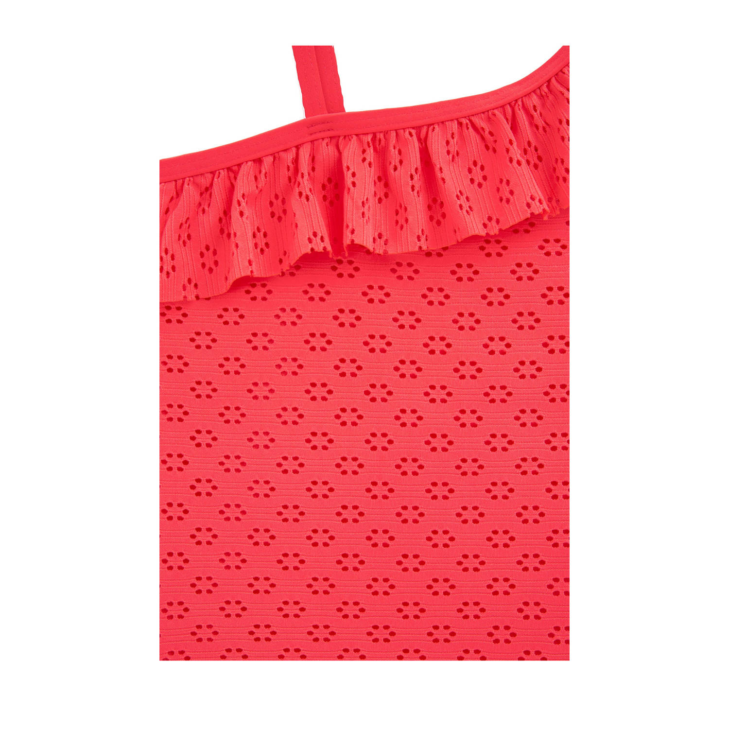 WE Fashion one shoulder badpak met rouches koraalroze