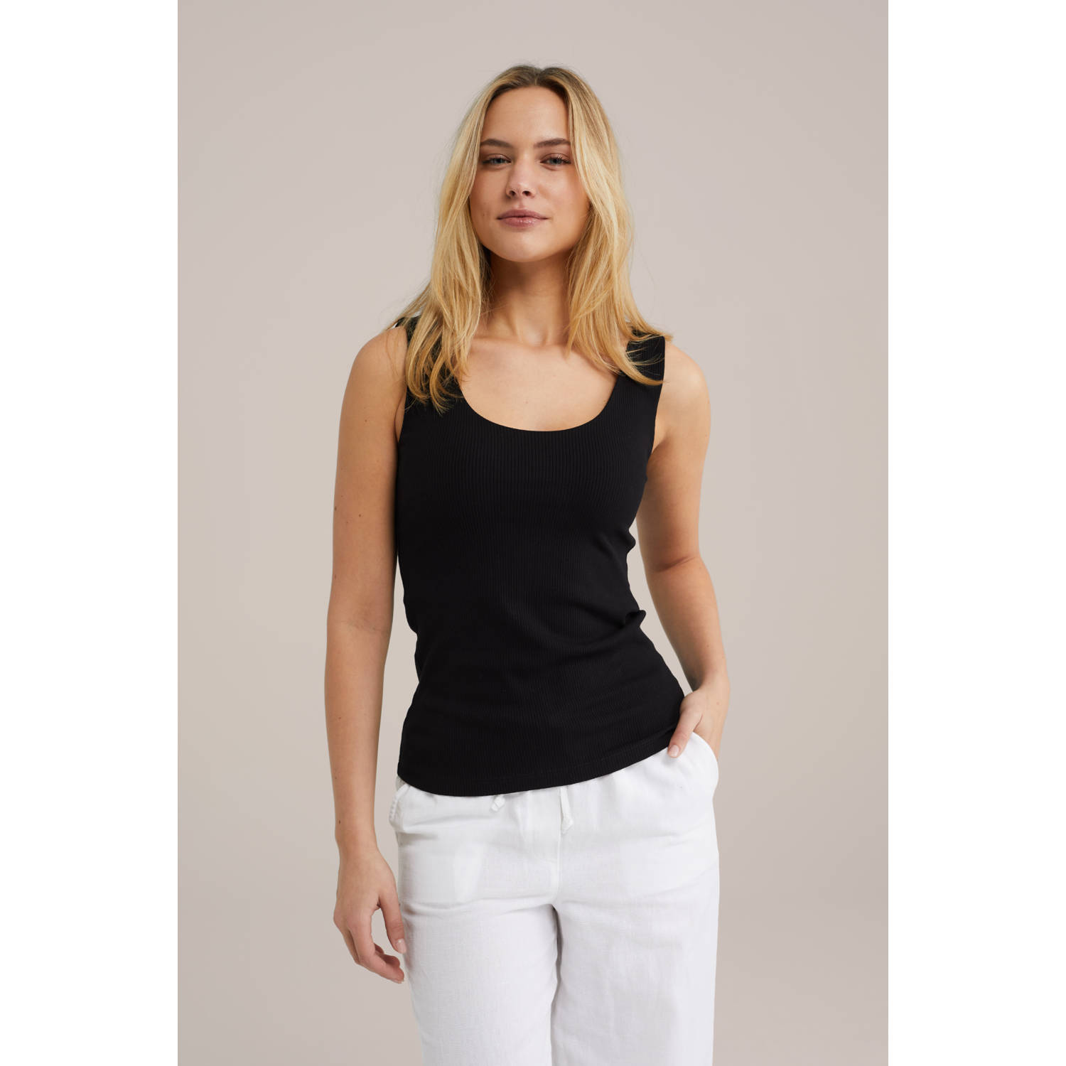 WE Fashion singlet zwart rib gebreid