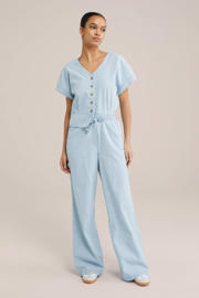 thumbnail: Lichtblauw en witte dames WE Fashion Blue Ridge top gestreept van denim met korte mouwen en V-hals