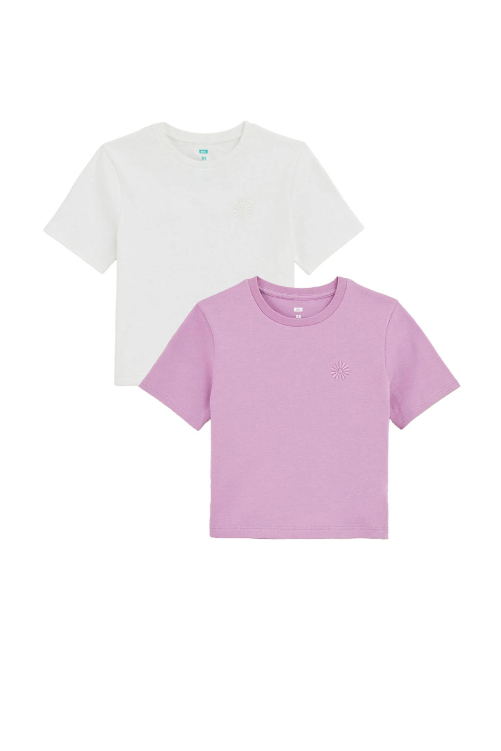 Set van 2 lilakleurige meisjes WE Fashion T-shirt van katoen met effen, korte mouwen en ronde hals