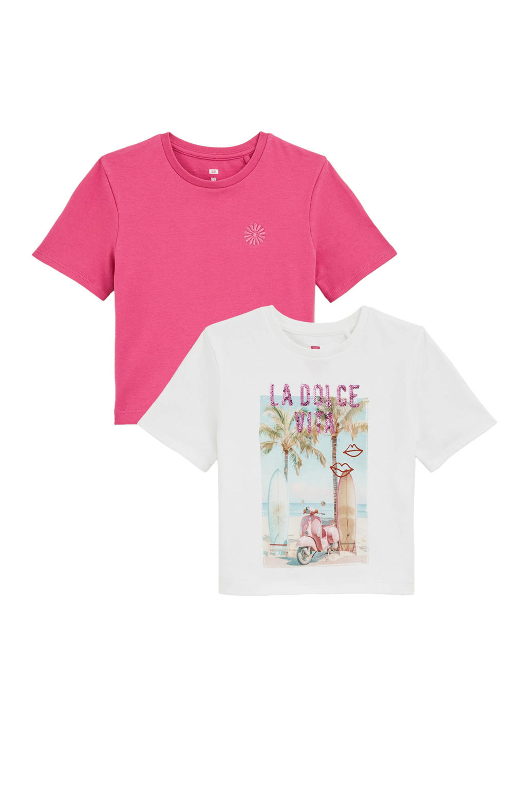 Set van 2 roze meisjes WE Fashion T-shirt van katoen met printopdruk, korte mouwen en ronde hals