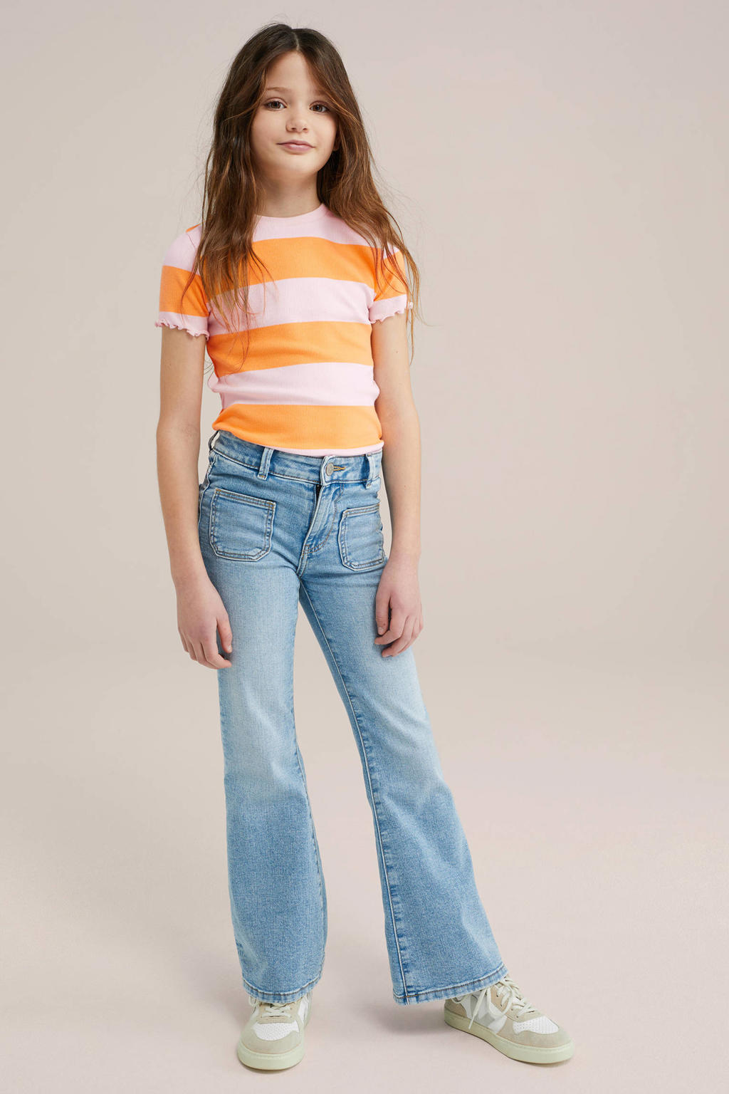 WE Fashion gestreept T-shirt met ruches - lichtroze