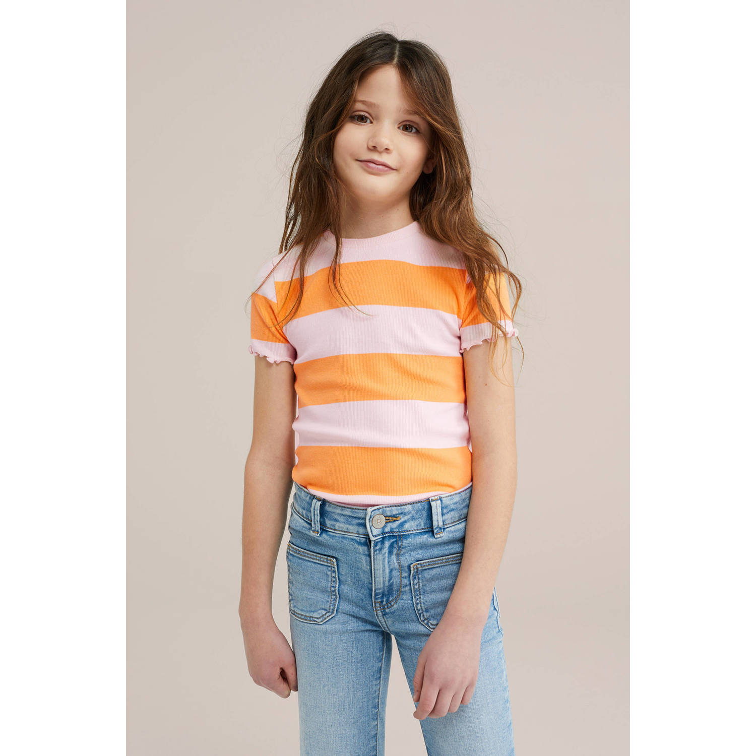 WE Fashion T-shirt rib gebreid lichtroze oranje