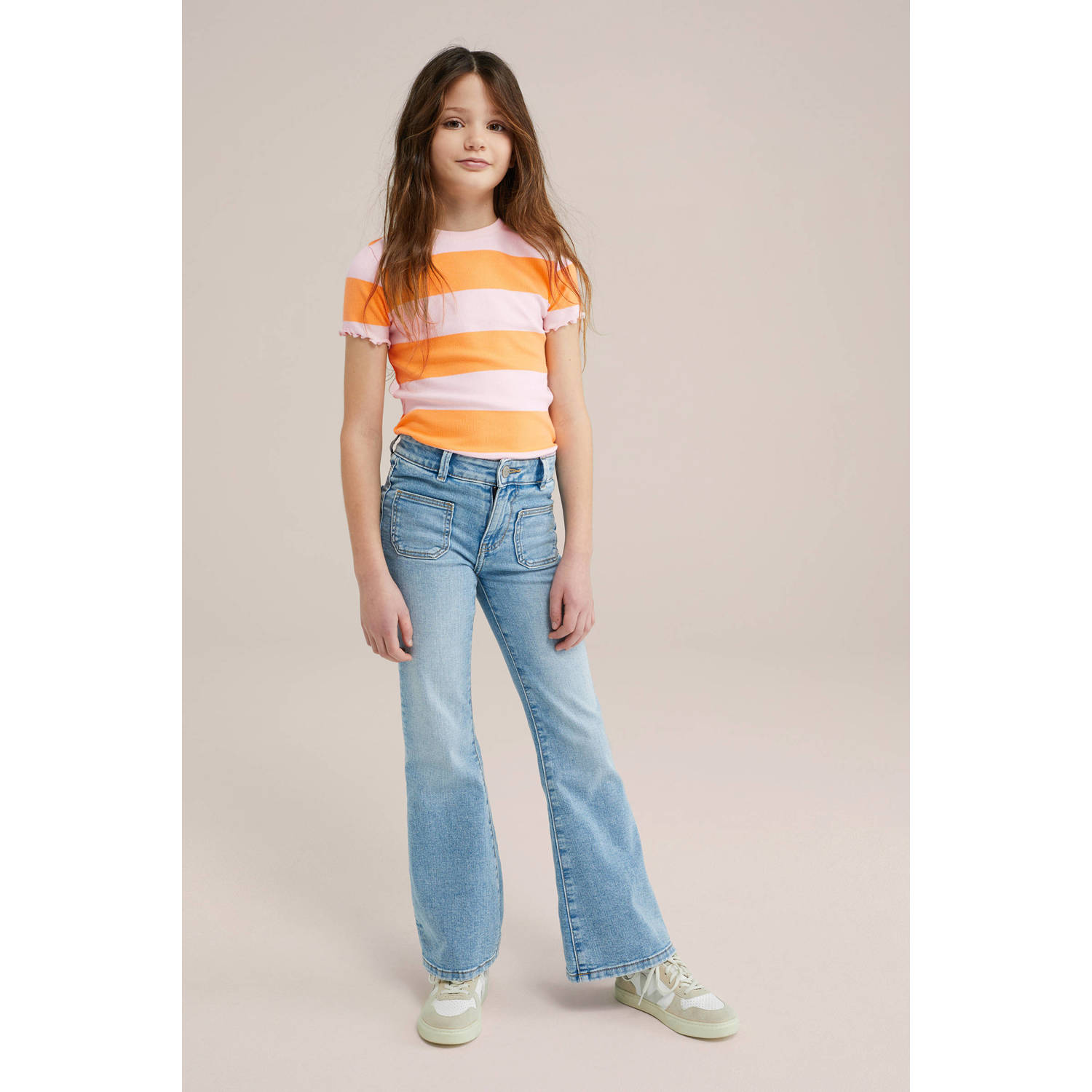 WE Fashion T-shirt rib gebreid lichtroze oranje