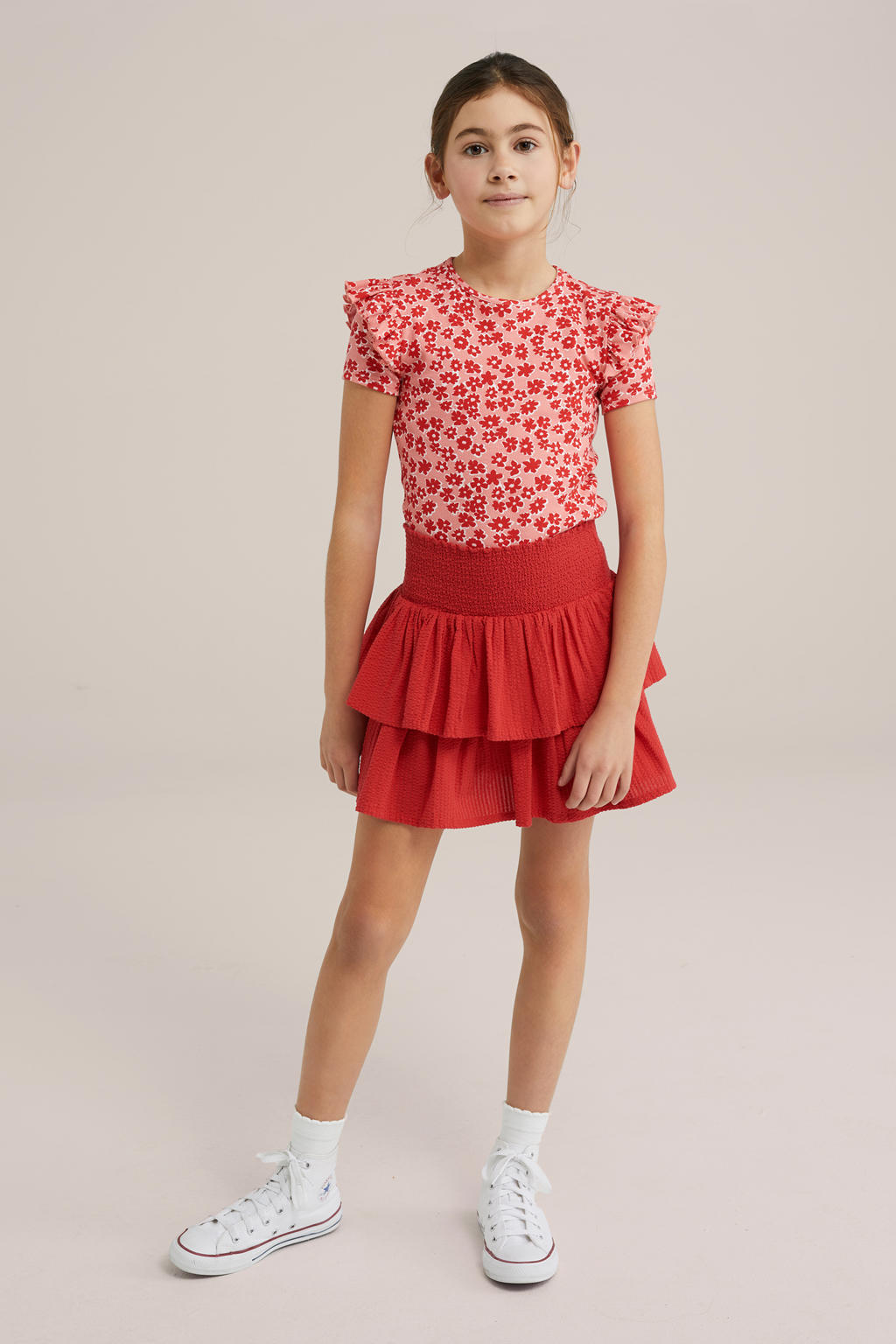 Roze meisjes WE Fashion T-shirt van stretchkatoen met bloemenprint, korte mouwen, ronde hals en ruches
