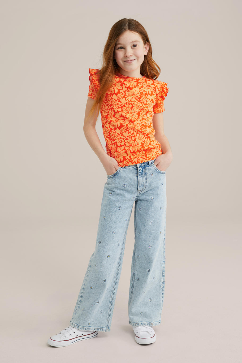 Oranje meisjes WE Fashion T-shirt van stretchkatoen met korte mouwen, ronde hals en ruches