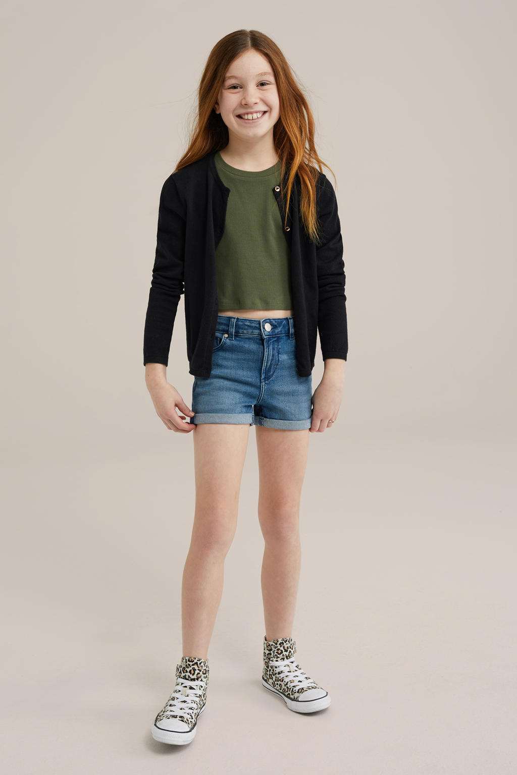 Donkergroene meisjes WE Fashion T-shirt van stretchkatoen met effen, korte mouwen en ronde hals