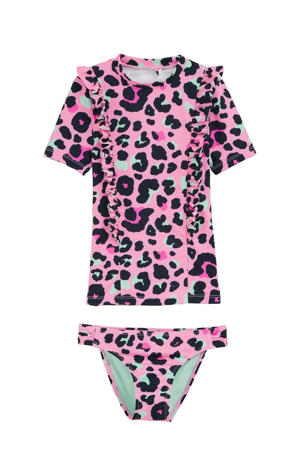 tweedelig UV zwempak roze/zwart/blauw