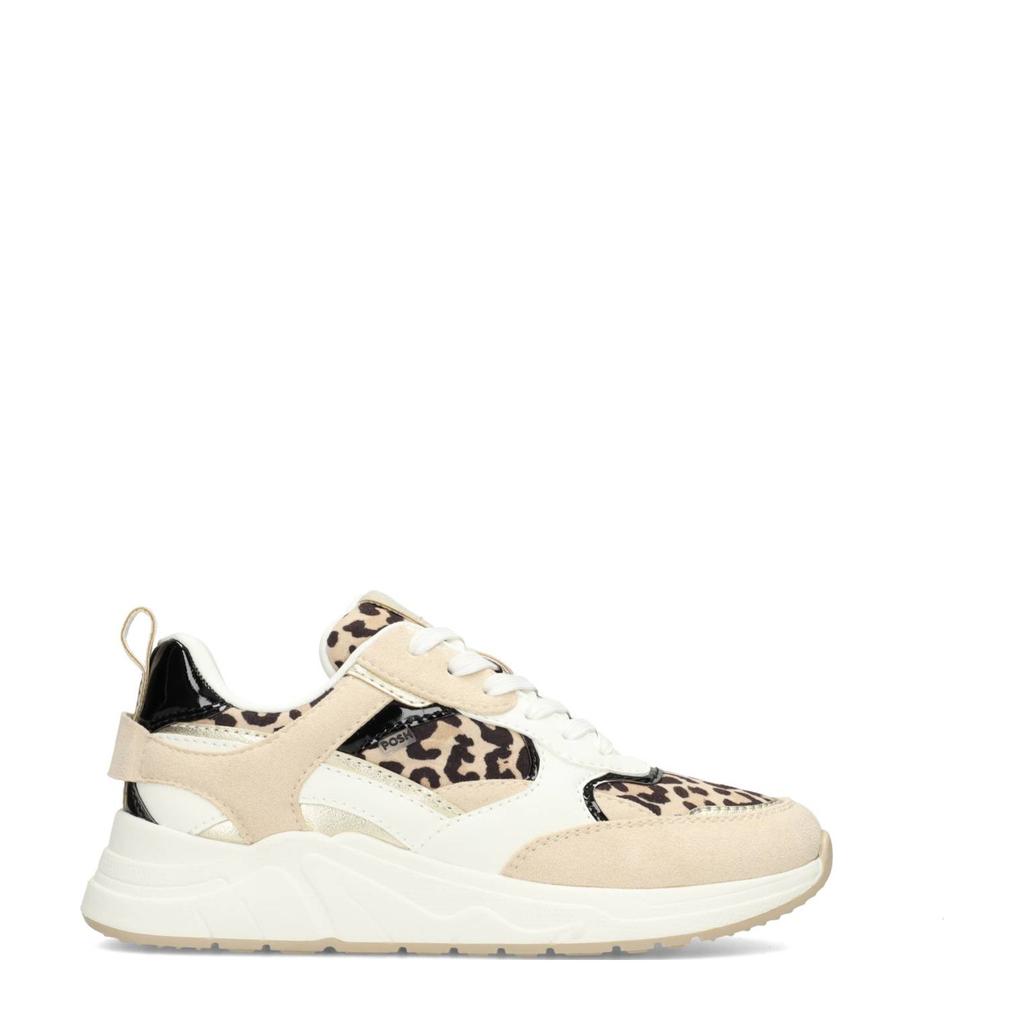 Beige dames POSH by Poelman Rosie chunky leren sneakers panter van synthetisch materiaal met veters