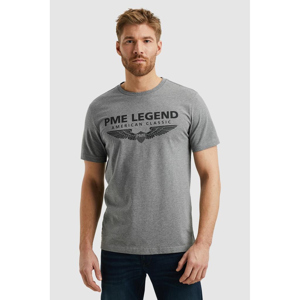 Grijze heren PME Legend T-shirt melange van katoen met logo dessin, korte mouwen en ronde hals