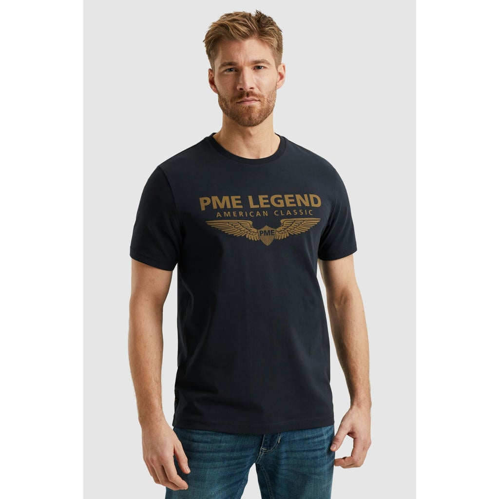 Blauwe heren PME Legend T-shirt van katoen met logo dessin, korte mouwen en ronde hals