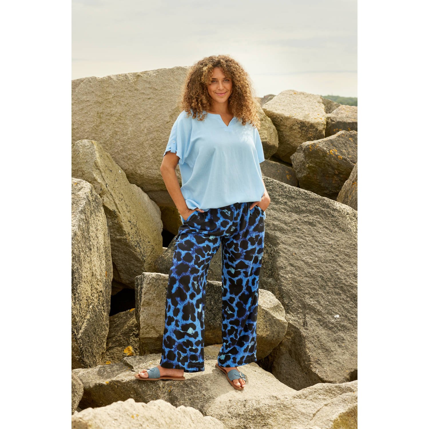 Zhenzi wide leg regular waist broek blauw