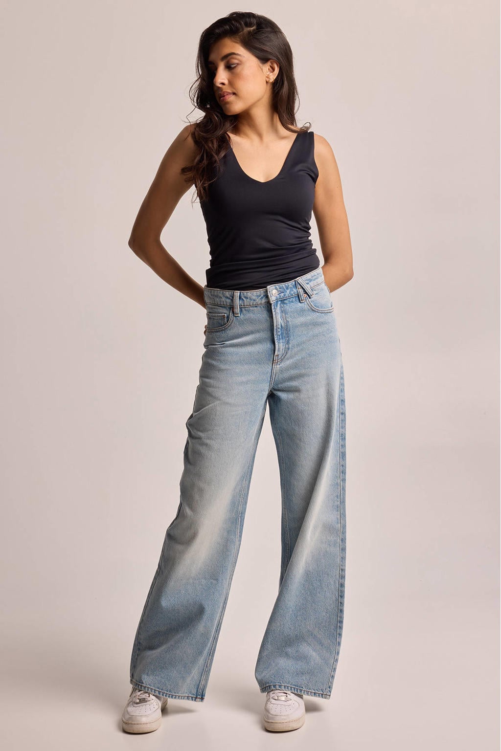 Medium blue denim dames America Today high waist flared jeans van denim met rits- en knoopsluiting en effen