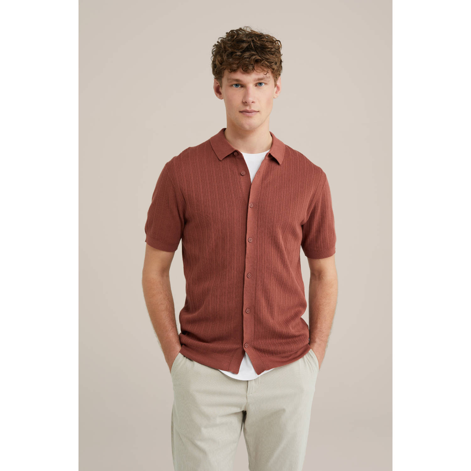 WE Fashion casual overhemd fijn gebreid roodbruin