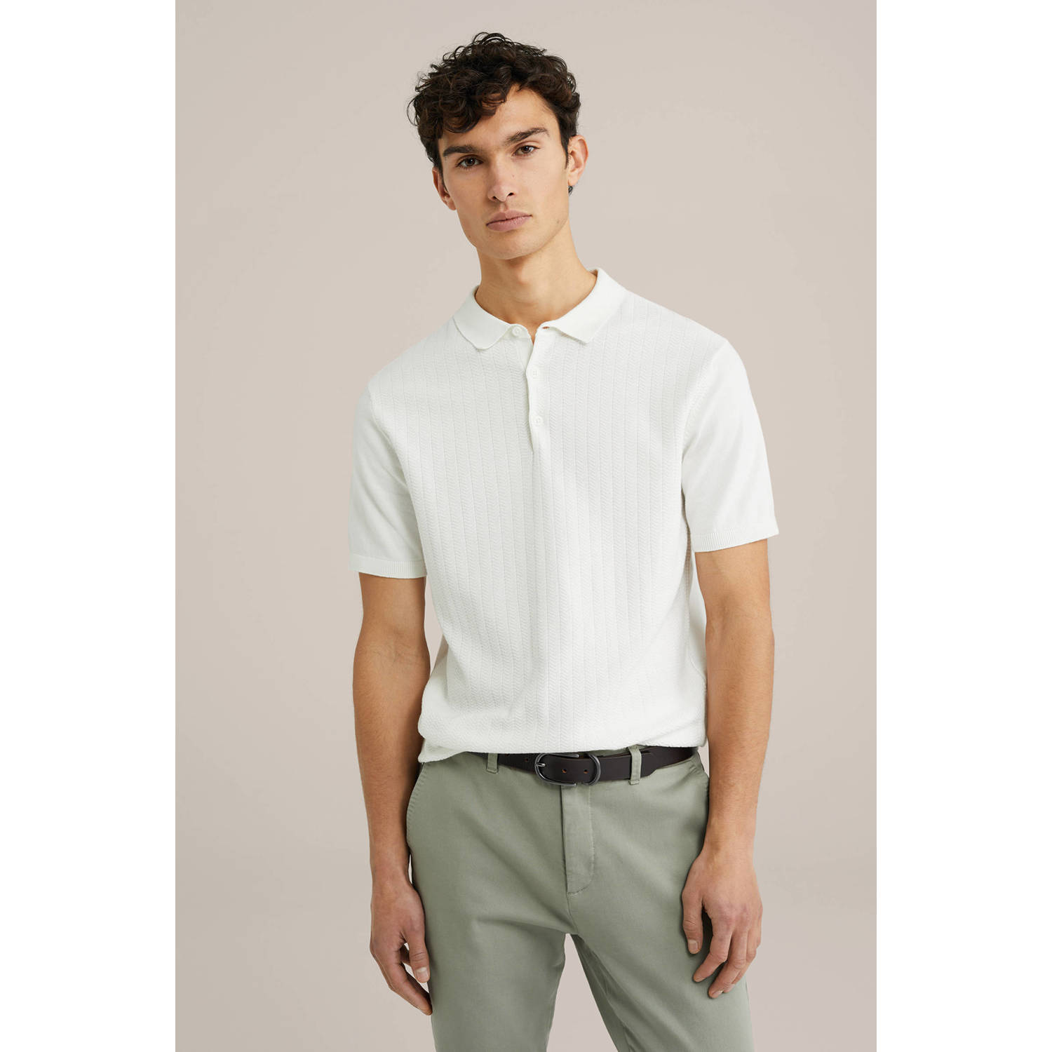 WE Fashion regular polo fijn gebreid wit