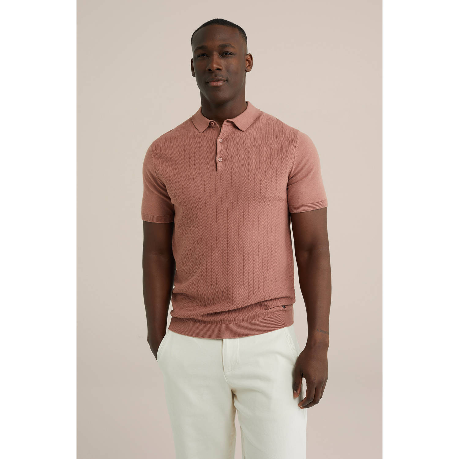 WE Fashion regular polo fijn gebreid oudroze