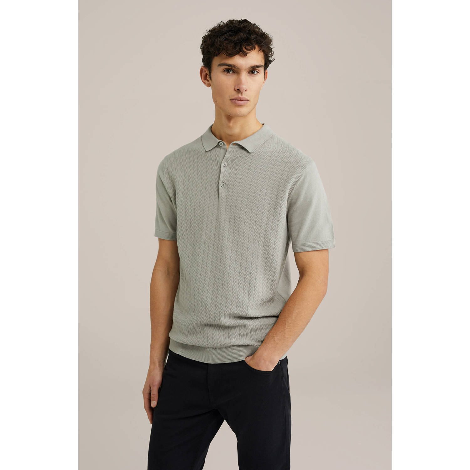WE Fashion regular polo fijn gebreid grijs