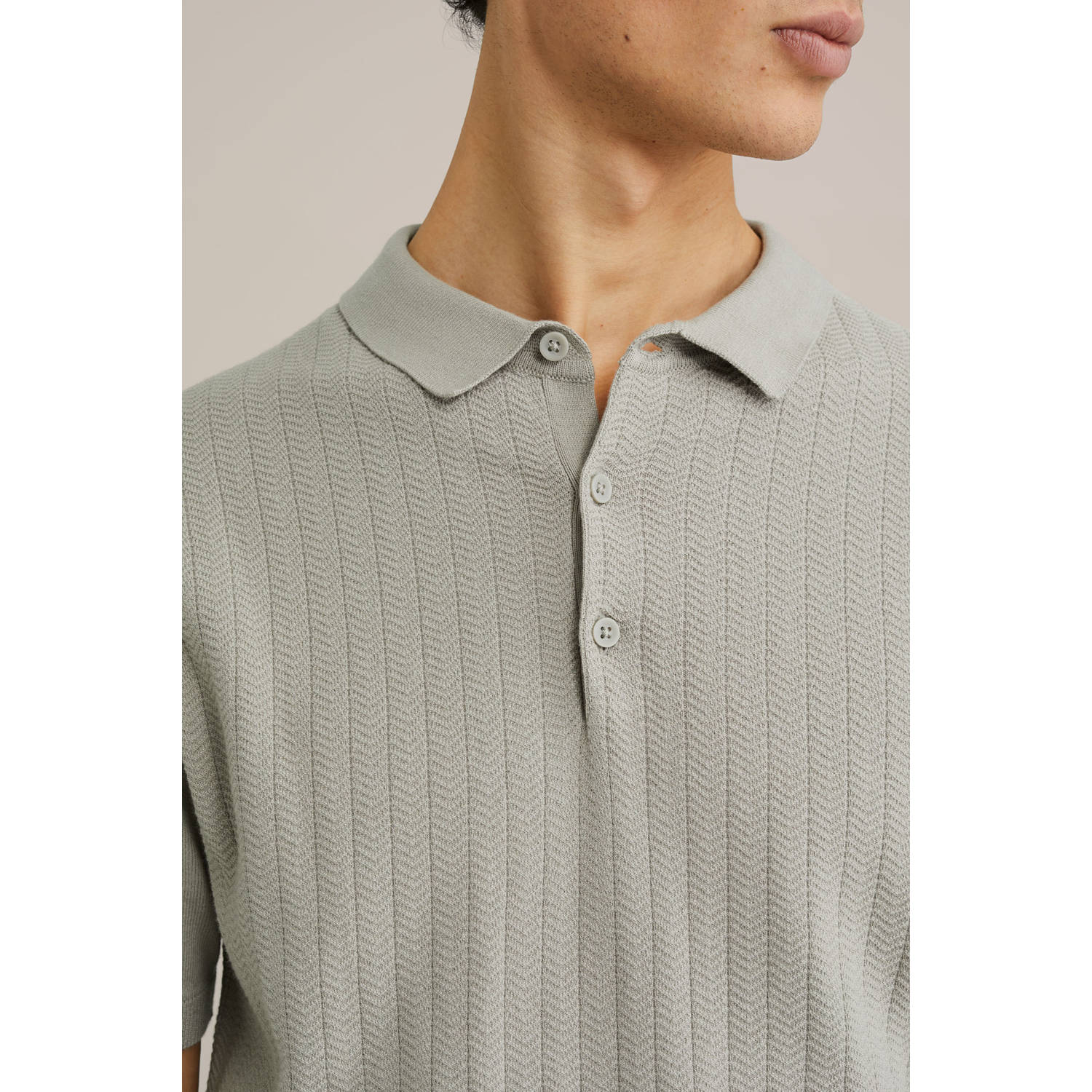 WE Fashion regular polo fijn gebreid grijs