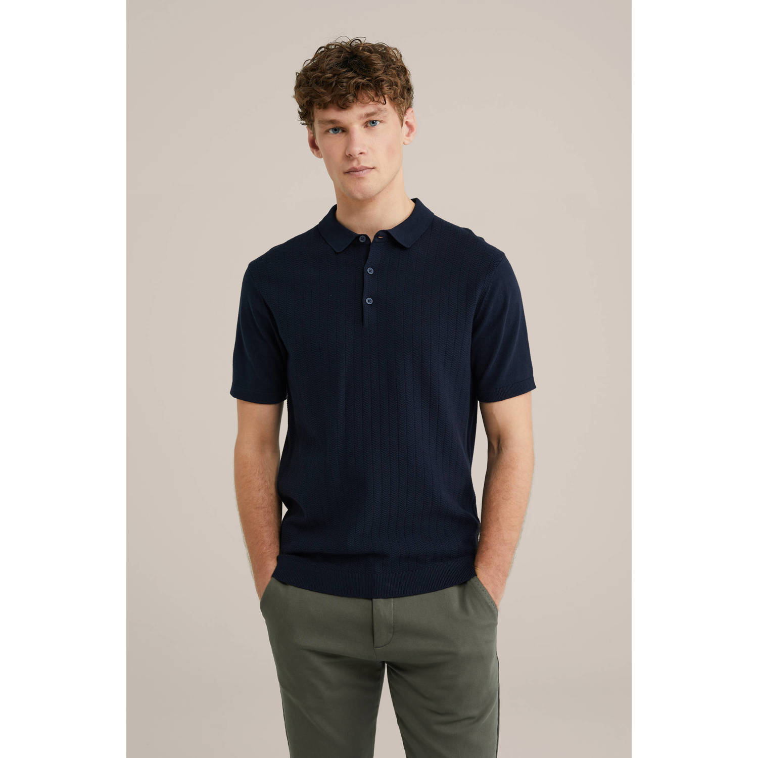 WE Fashion regular polo fijn gebreid donkerblauw