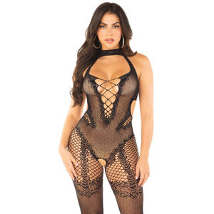 kanten bodysuit met open kruis zwart