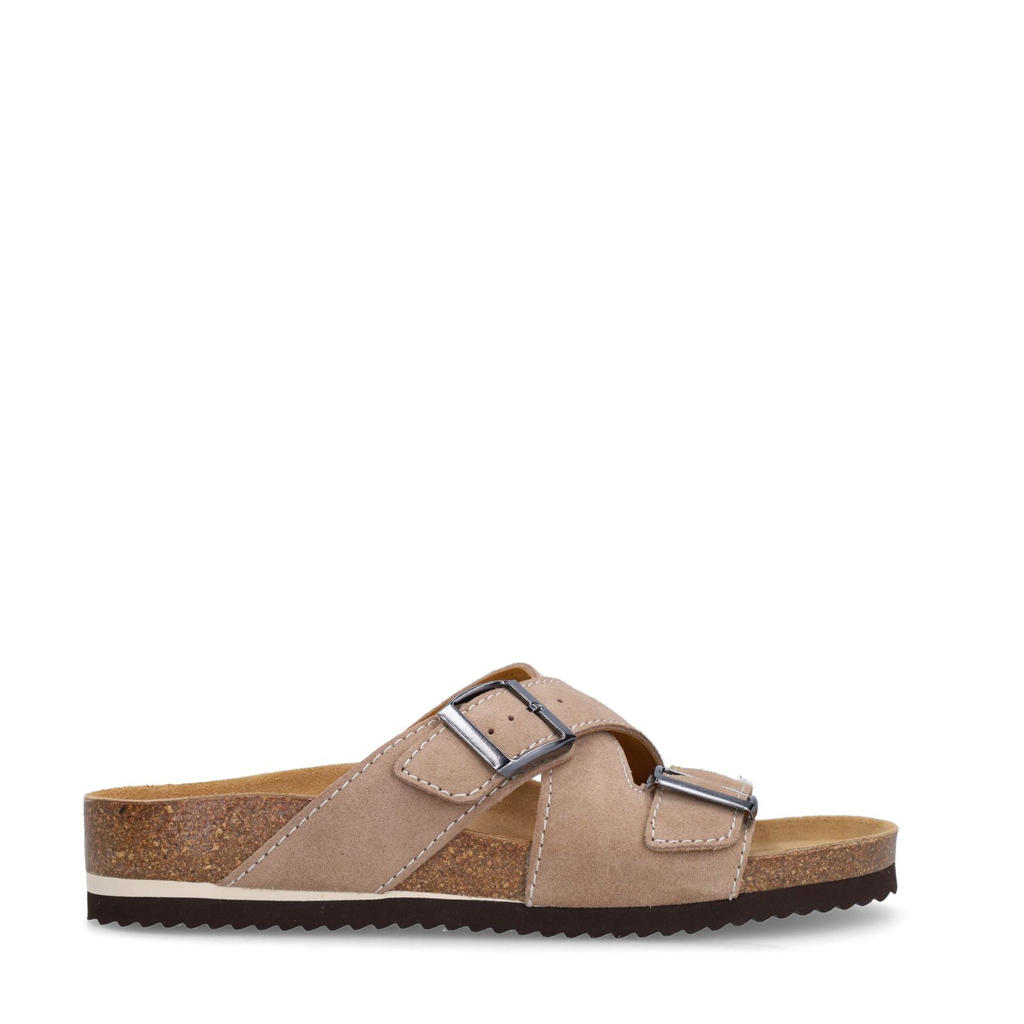 Beige heren Manfield suède slippers met gesp