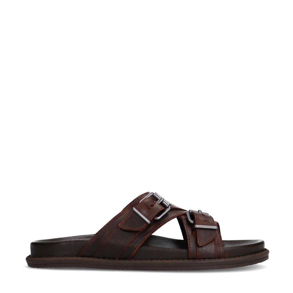 Bruine heren Manfield leren slippers met gesp