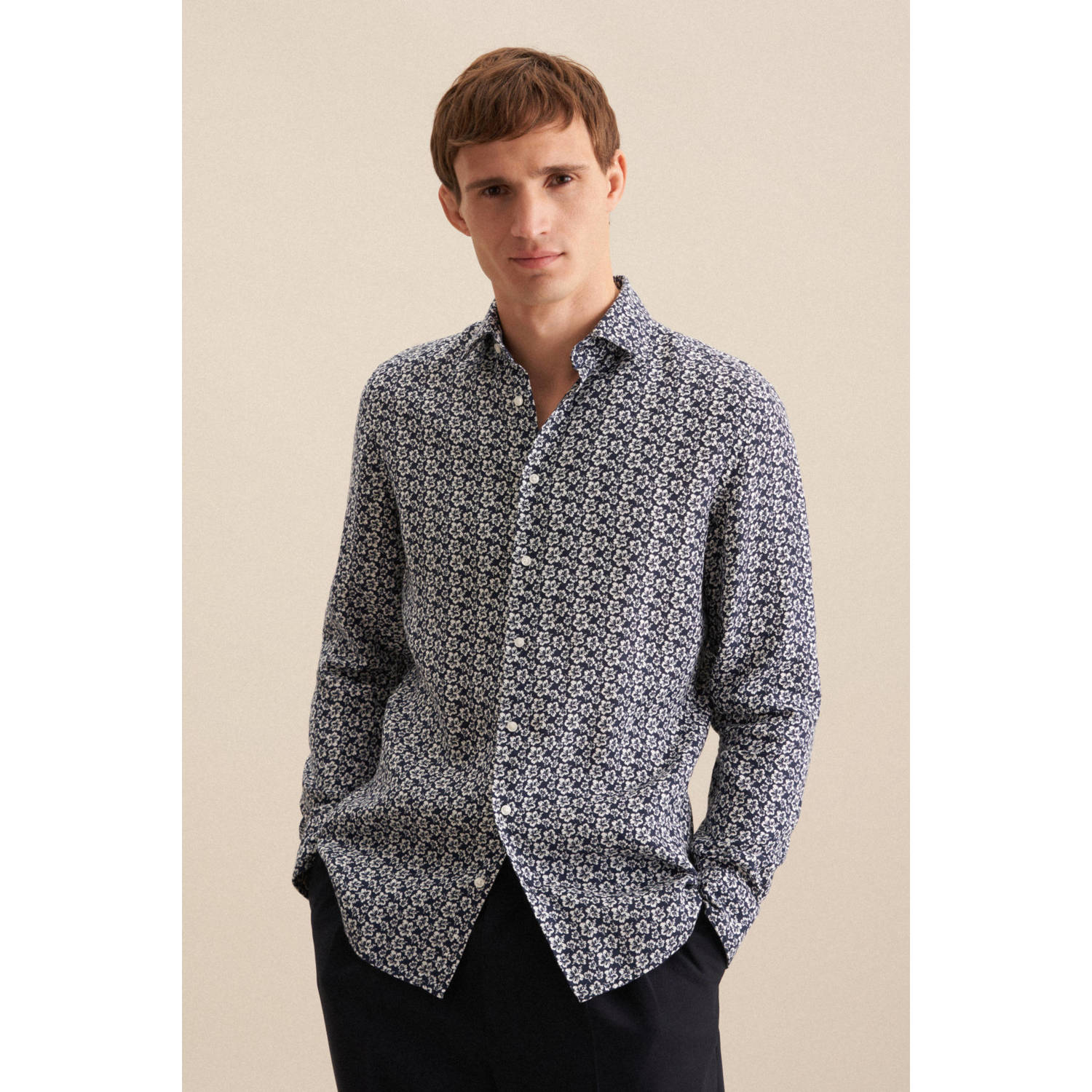 Seidensticker linnen casual overhemd donkerblauw