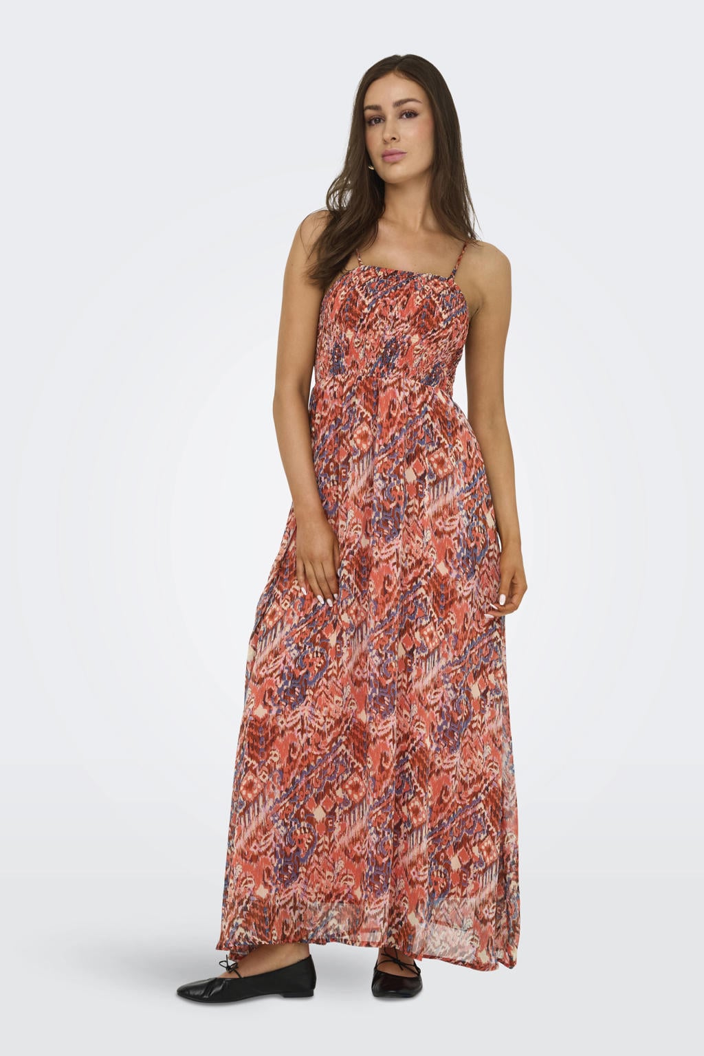 Roze en rode dames ONLY zomerjurk van polyester met meerkleurige print, spaghettibandjes, vierkante hals en smockwerk